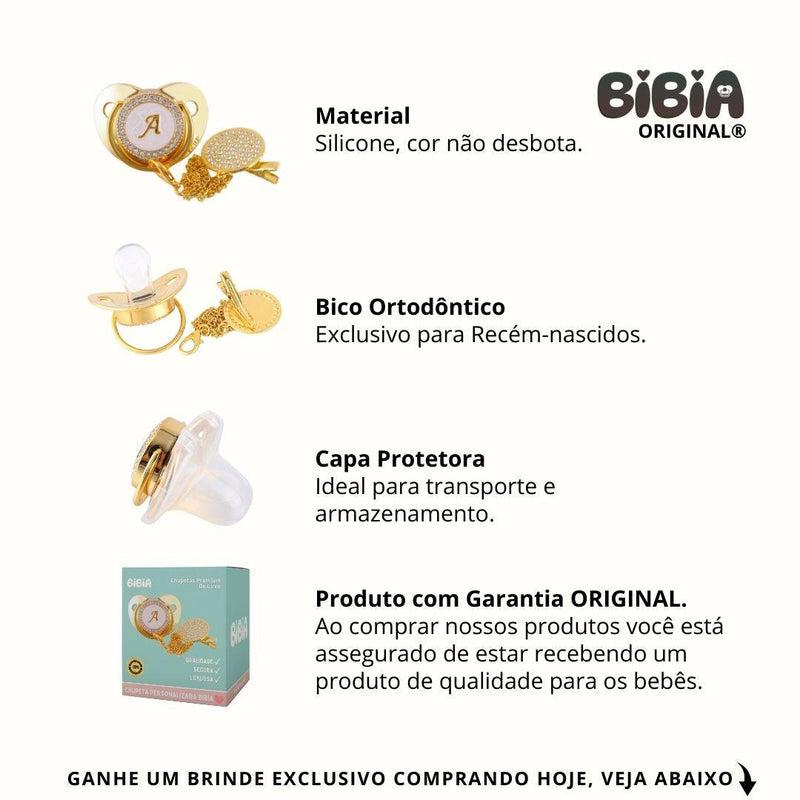 Chupeta Dourada BIBIA™ + Prendedor Strass